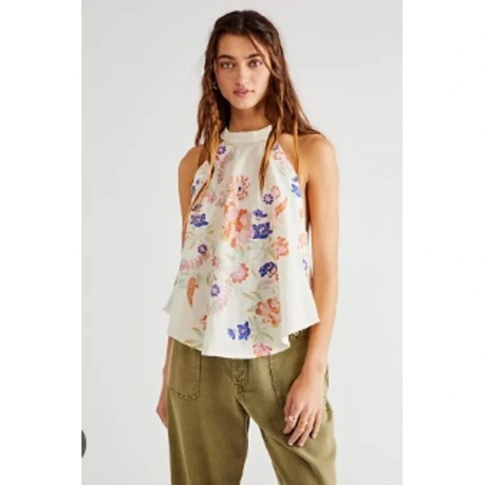 Free People Emily Floral Halter Tie-Back Top Ivory Cotton Gauze OB1434194 Large